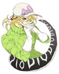  blonde_hair diego_brando fang gloves green_shirt hat jojo_no_kimyou_na_bouken male_focus mapi scary_monsters_(stand) shirt solo stand_(jojo) steel_ball_run sweater tail turtleneck 