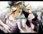  akizuki_hakuto back-to-back bartolomeo blonde_hair blue_eyes cavendish character_name fang fur_trim green_hair hat long_hair male_focus multiple_boys nose_piercing nose_ring one_piece piercing tattoo v-neck 