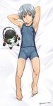  1boy barefoot bed_sheet boxers briefs bulge dakimakura feet grey_eyes grey_hair male male_focus shirt shorts sleeveless sleeveless_shirt solo toes torakichi_(ebitendon) toy underwear 