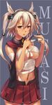  blonde_hair blush breasts budget_sarashi cape character_name dark_skin eyewear_removed glasses headgear highres holding holding_eyewear kantai_collection kunreishiki large_breasts musashi_(kantai_collection) nanjyolno pleated_skirt pointy_hair red_eyes sarashi short_hair skirt solo twintails underboob 