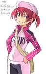  bag bike_shorts brown_eyes grin hands_on_hips hat isshiki_akane jacket michairu red_hair short_hair shoulder_bag smile track_jacket twintails vividred_operation 