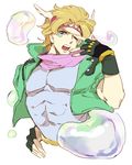  blonde_hair bubble caesar_anthonio_zeppeli facial_mark feathers fingerless_gloves gloves green_jacket hair_feathers headband jacket jojo_no_kimyou_na_bouken male_focus mapi scarf solo 