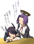  :d ^_^ bad_id bad_pixiv_id closed_eyes drooling eyepatch fang fingerless_gloves gloves hand_on_another's_head headgear inuzuka_bouru kantai_collection mechanical_halo multiple_girls open_mouth smile tatsuta_(kantai_collection) tenryuu_(kantai_collection) translated zzz 