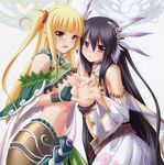  artbook artist_request bare_shoulders black_hair blonde_hair blush breast_press breasts breasts_outside brown_eyes detached_sleeves elf feathers fingerless_gloves gloves hair_feathers hair_ornament heart heart_hands heart_hands_duo kamidori_alchemy_meister large_breasts long_hair magic_circle multiple_girls official_art pointy_ears red_eyes scan servalwi_endoss smile symmetrical_docking twintails very_long_hair yuela 