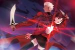  1girl archer black_hair black_legwear blue_eyes brown_hair dark_skin dual_wielding fate/stay_night fate_(series) gem hair_ribbon holding kanshou_&amp;_bakuya long_hair ribbon sunday31 sword thighhighs toosaka_rin two_side_up weapon white_hair 