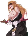  1girl absurdres badge ball_gag bare_shoulders bdsm bleach blindfold blush bondage bound breasts fukutaichou_badge gag highres japanese_clothes jewelry kneeling large_breasts long_hair matsumoto_rangiku mou_kankan necklace nipples open_clothes solo sword weapon 