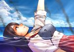  akagi_(kantai_collection) aliesta armor brown_hair damaged japanese_clothes kantai_collection long_hair looking_up muneate ocean partially_submerged red_eyes smoke solo water 