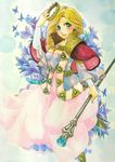  acrylic_paint_(medium) aelinore_(dragon's_dogma) blonde_hair blush braid breasts bug butterfly capelet cleavage cosplay crown dragon's_dogma dress flower gem gown green_eyes highres insect lips long_dress long_hair medium_breasts ouri_(xxxbobxxx) pawn_(dragon's_dogma) scepter side_braid solo traditional_media 