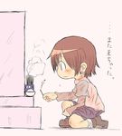  brown_hair commentary_request earrings grave highres incense jewelry kill_me_baby long_sleeves older oribe_yasuna poladora shoes short_hair shorts translated 