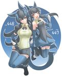  2girls breasts denim denim_shorts fur gloves happy hips jewelry knees legs legwear lucario multiple_girls necktie nintendo personification pokemon red_eyes riolu shiny shoes shorts skirt small_breasts unbuttoned wide_hips wink 