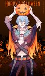  abs alternate_costume arms_up artist_name bandages belt_buckle blue_hair bracelet buckle cape clover club_(shape) contrapposto dated diamond_(shape) dramatical_murder facial_mark fang gu-akira halloween heart heart_print high_collar jack-o'-lantern jewelry long_hair male_focus midriff nail_polish navel seragaki_aoba single_sleeve solo spade_(shape) standing toned toned_male yellow_eyes 