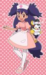  1girl apron brown_eyes dress ears emolga happy hat heart iris_(pokemon) joy_(pokemon) joy_(pokemon)_(cosplay) legwear long_hair nintendo nurse nurse_cap pink_legwear pixiv_manga_sample pokemon pokemon_(anime) pokemon_(game) pokemon_bw purple_hair shoes solo tongue very_long_hair wink 