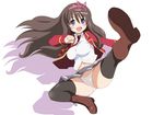  :d boots bow breasts brown_hair fang ginjyasei hair_bow hairband kicking large_breasts necktie open_mouth ore_no_nounai_sentakushi_ga_gakuen_love-comedy_wo_zenryoku_de_jama_shiteiru panties pink_hairband plaid purple_eyes smile solo thighhighs underwear white_panties yuuouji_ouka 