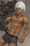  1boy abs briefs clothed_erection cross dark_skin erection erection_under_clothes male male_focus muscle pectoral_cross shorts solo torakichi_(ebitendon) underwear white_hair 