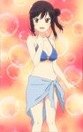  1girl bare_shoulders bikini black_hair breasts brown_eyes bubble bubbles cleavage hair_bun highres ichijou_hotaru large_breasts looking_at_viewer midriff non_non_biyori open_mouth sarong screencap short_hair smile solo stitched swimsuit 