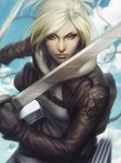  annie_leonhardt blonde_hair blue_eyes dual_wielding emblem frown gloves holding jacket looking_at_viewer paradis_military_uniform realistic shingeki_no_kyojin short_hair solo stanley_lau sword three-dimensional_maneuver_gear training_corps_(emblem) weapon 