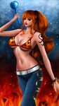  bangle bikini_top bracelet breasts clima-tact fire highres jewelry large_breasts lilyzou lipstick log_pose long_hair makeup nail_polish nami_(one_piece) navel one_piece orange_eyes orange_hair ponytail signature snow solo tattoo underboob 