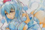  animal_ears bare_shoulders breasts colored_pencil_(medium) detached_sleeves hat highres inubashiri_momiji kitazinger large_breasts red_eyes short_hair solo tail thighhighs tokin_hat touhou traditional_media white_hair wolf_ears wolf_tail 
