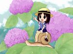  azumanga_daiou brown_eyes brown_hair chibi flower hat hydrangea kasuga_ayumu minigirl open_mouth pointing riding school_uniform snail solo takano_hayato wallpaper 