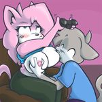  aeris_(vg_cats) annoyed anthro areola big_breasts blue_eyes blush breast_fondling breast_grab breast_suck breastfeeding breasts cat duo erect_nipples feline female fondling game_controller grey_hair hair happy joelasko leo_(vg_cats) male mammal nipples pink_hair smile vg_cats 