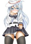  bad_id bad_pixiv_id blue_eyes blush frown hammer hat hibiki_(kantai_collection) highres kantai_collection long_hair long_sleeves panties pantyshot pantyshot_(standing) pleated_skirt school_uniform serafuku shokora_momiji silver_hair skirt skirt_lift solo standing thighhighs underwear verniy_(kantai_collection) white_panties 