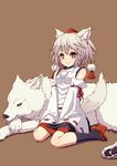  animal_ears black_legwear breasts brown_background detached_sleeves geta hat inubashiri_momiji monmonga short_hair simple_background small_breasts smile socks solo tail tokin_hat touhou white_wolf wolf wolf_ears wolf_tail yellow_eyes 