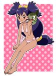  1girl axew back bare_shoulders bikini breasts brown_eyes collarbone dark_skin ears hair_bun hair_ornament hips iris_(pokemon) kibago knees legs long_hair midriff navel nintendo pink_bikini pink_swimsuit pixiv_manga_sample pokemon pokemon_(anime) purple_hair red_eyes ribbon side-tie_bikini small_breasts smile swimsuit two_side_up very_long_hair 