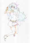  1girl armlet bracelet cloud_hair colored_pencil_(medium) flower graphite_(medium) hair_flower hair_ornament high_heels iyakun jewelry long_hair nia_teppelin sketch skirt smile solo tengen_toppa_gurren_lagann traditional_media 