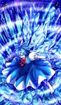 barefoot blue_dress blue_eyes blue_hair bow cirno dress fang glowing glowing_eyes hair_ribbon highres hijikawa_arashi ice ice_wings light_trail looking_at_viewer open_mouth outstretched_arms puffy_sleeves ribbon shirt short_sleeves sky solo touhou wings wrist_cuffs 