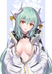  1girl :d alternate_costume aqua_hair bae.c blue_background breasts breasts_apart collarbone detached_collar dragon_horns fate/grand_order fate_(series) hair_ornament hands_in_pockets head_tilt highres horns jacket kiyohime_(fate/grand_order) large_breasts long_hair long_sleeves looking_at_viewer no_bra open_mouth smile solo standing two-tone_background upper_body very_long_hair white_background white_jacket yellow_eyes 