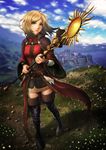  belt blonde_hair boots breasts castle cloud cloudy_sky day dragon's_dogma green_eyes highres landscape long_coat nature pauldrons pawn_(dragon's_dogma) pencil_skirt short_hair skirt sky small_breasts solo staff sunburst tailcoat thigh_boots thighhighs wristband yuki_tajima 
