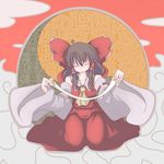  above_clouds bare_shoulders black_hair bow closed_eyes collar detached_sleeves hair_bow hair_tubes hakurei_reimu monomi seiza sitting solo touhou wide_sleeves 