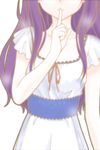  1girl artist_request character_request dress finger_to_mouth game_cg hand_to_mouth head_out_of_frame long_hair paca_plus pacoproject purple_hair shushing simple_background solo tsukasa_rin white_background white_dress 