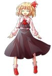  ^_^ ^o^ alphes_(style) arms_at_sides blonde_hair blouse closed_eyes dairi fang full_body hair_ornament hair_ribbon happy open_mouth parody red_footwear ribbon rumia shoes short_hair smile style_parody touhou transparent_background vest 