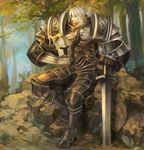  armor blue_eyes branch dragon's_crown fighter_(dragon's_crown) forest hand_on_hilt helmet highres holding horned_helmet kashikoma knight leaf male_focus nature planted_sword planted_weapon rock sitting solo sword tree weapon white_hair 