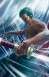  absurdres bubble earrings green_hair highres huge_filesize jewelry katana lens_flare male_focus mikael_wang one-eyed one_piece realistic roronoa_zoro scar shirtless smile solo speed_lines sword underwater watermark weapon web_address 