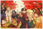  5girls animal autumn autumn_leaves backpack bag bandages black_hair blonde_hair bow brown_hair cham-p crossed_arms danganronpa day dress drumsticks eating food glasses guitar hair_bow hamster hat heterochromia hood hoodie instrument japanese_clothes jum-p kimono maga-g mioda_ibuki mismatched_legwear multicolored_hair multiple_boys multiple_girls nanami_chiaki nidai_nekomaru no_socks open_mouth owari_akane pink_hair saionji_hiyoko scarf scarf_over_mouth school_uniform serafuku sharp_teeth sleeves_rolled_up smile sonia_nevermind souda_kazuichi squatting sun-d super_danganronpa_2 susutake_(pixiv) sweet_potato tanaka_gandamu teeth thighhighs togami_byakuya_(super_danganronpa_2) torn_clothes torn_legwear tree yakiimo 