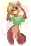  balls blonde_hair blue_eyes bottomless chipmunk ear_piercing flaccid girly hair humanoid_penis looking_at_viewer male mammal penis piercing pinup plain_background pose potato_otter rodent slim solo standing white_background wide_hips 