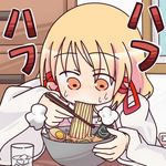  blonde_hair bowl chopsticks eating food holding holding_bowl holding_chopsticks lowres monomi moriya_suwako noodles ramen solo sweat touhou wide_sleeves yellow_eyes 