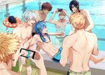  black_hair blonde_hair blue_hair camera clear_(dramatical_murder) dog dramatical_murder earrings glasses green_eyes innertube jewelry koujaku male_focus male_swimwear multiple_boys muscle nipples noiz_(dramatical_murder) pool red_hair ren_(dramatical_murder) seragaki_aoba shirtless shorts smile standing swim_briefs swim_trunks swimwear tattoo trip_(dramatical_murder) virus_(dramatical_murder) wanrenzaogao water white_hair 