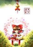  3000_xiao_chun :d absurdres ascot bow brown_eyes brown_hair chibi detached_sleeves gohei hair_bow hair_ribbon hair_tubes hakurei_reimu highres holding looking_at_viewer open_mouth ribbon smile solo touhou 