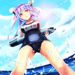  blue_hair breasts hair_ribbon highres holding holding_torpedo i-19_(kantai_collection) infinote kantai_collection large_breasts long_hair name_tag one-piece_swimsuit pee peeing peeing_self red_eyes ribbon school_swimsuit solo star star-shaped_pupils sunlight swimsuit symbol-shaped_pupils torpedo twintails wet wet_clothes wet_swimsuit 