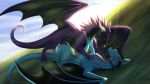  2019 claws day detailed_background digital_media_(artwork) dragon duo feral grass green_eyes hair horn lying membranous_wings on_back outside purple_hair scalie sky smile tongue western_dragon wings wrappedvi 