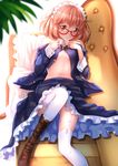  alternate_costume blush bob_cut brown_eyes brown_hair enmaided flat_chest garter_straps glasses highres kuriyama_mirai kyoukai_no_kanata maid navel open_clothes open_shirt red-framed_eyewear shirt short_hair sitting solo swordsouls thighhighs white_legwear yellow_eyes 