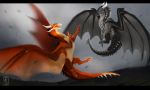  2018 absurd_res black_bars claws deviant-soulmates digital_media_(artwork) dragon duo feral flying hi_res horn membranous_wings outside scales scalie smile spines western_dragon wings 