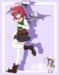  2girls ahoge alternate_costume alternate_eye_color alternate_hair_length alternate_hairstyle bespectacled blue_eyes bluepony book chibi demon_wings glasses hat hat_ribbon head_wings koakuma light_smile miniskirt multiple_girls necktie patchouli_knowledge purple_hair red_hair ribbon short_hair skirt thighhighs touhou white_legwear wide_oval_eyes wings yellow_neckwear zettai_ryouiki 