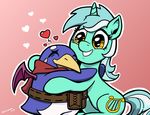  &lt;3 amber_eyes avian bat_wings belt bird cutie_mark disgaea duo equine eyes_closed female feral friendship_is_magic fur green_fur hair horn horse hug latecustomer long_hair lyra_(mlp) lyra_heartstrings_(mlp) mammal my_little_pony open_mouth penguin pony prinny smile sweat two_tone_hair unicorn wings yellow_eyes 