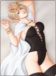  arisen_(dragon's_dogma) arusha bangle black_panties blonde_hair blue_eyes boots bracelet breasts bustier cape circlet dragon's_dogma jewelry large_breasts lips lying nose on_back panties scar solo thigh_boots thighhighs underwear 