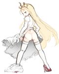  ass blonde_hair bloomers bloomers_around_one_leg blue_eyes butt_crack commentary_request crown cyberbots devilot_de_deathsatan_ix dress dress_lift forehead from_behind full_body hair_ornament hair_slicked_back high_heels juliet_sleeves kedamono_kangoku-tou long_hair long_sleeves looking_at_viewer looking_back open_mouth puffy_sleeves red_footwear shoes simple_background smile solo standing thighhighs tiara underwear very_long_hair white_background white_dress white_legwear 