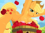  absurd_res anthro anthrofied apple applejack_(mlp) bedroom_eyes bent_over blonde_hair breasts bucket cowboy_hat cutie_mark equine female freckles friendship_is_magic fruit grass green_eyes hair hat hi_res horse looking_at_viewer low-angle_shot mammal mountain my_little_pony nipples outside pony tongue tongue_out tree whitmaverick 